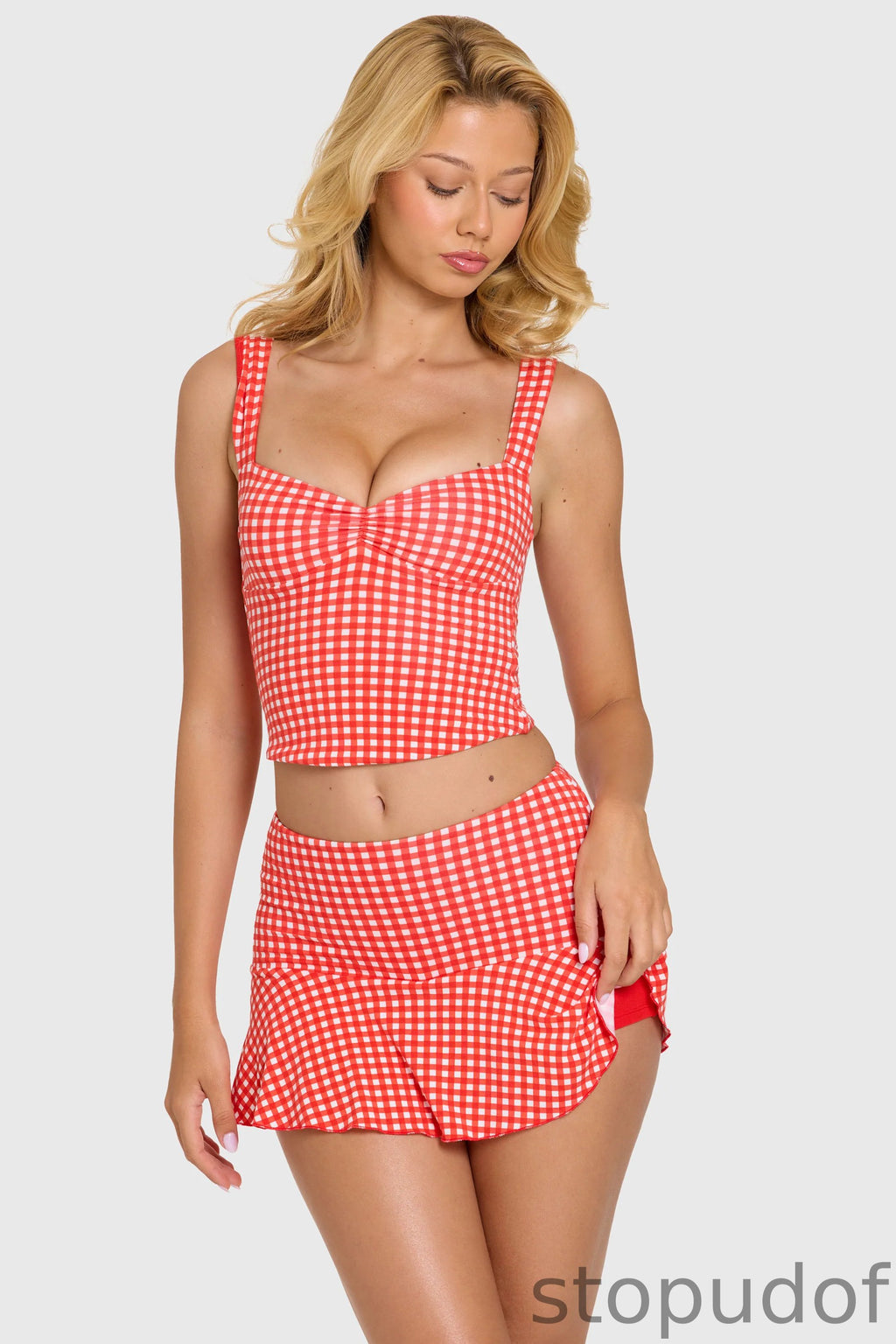 Modal Ruched Bust Top in Red Gingham