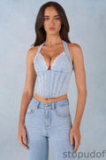 Halterneck Denim Corset Style Top  in Light Denim