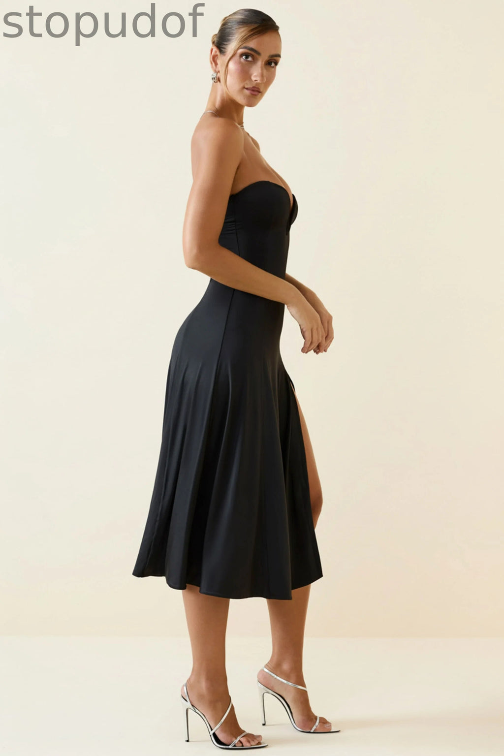 Slinky Jersey Strapless A-Line Midaxi Dress in Black