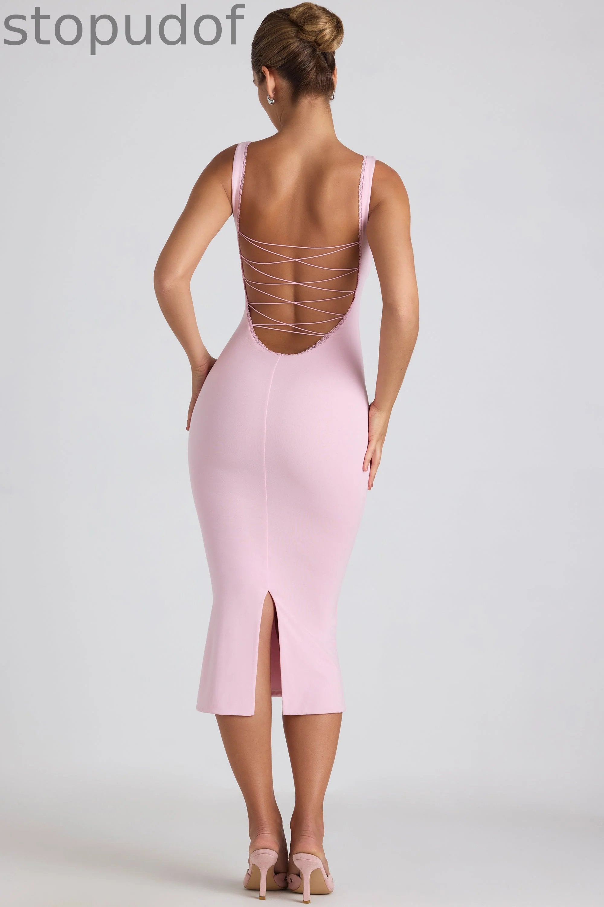 Modal Lace-Trim Midaxi Dress in Soft Pink
