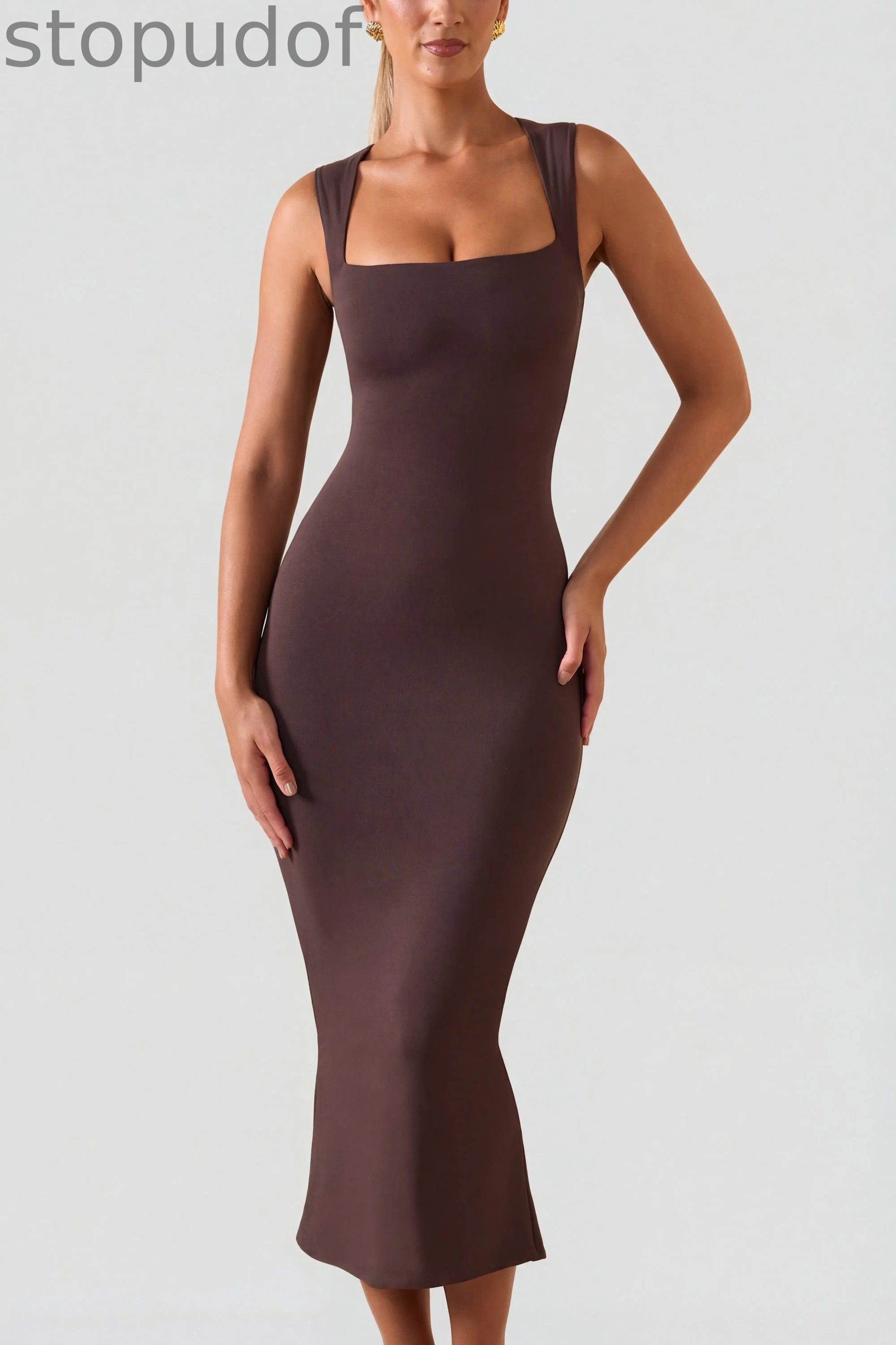 Square Neck Midi Dress in Chocolate Brown