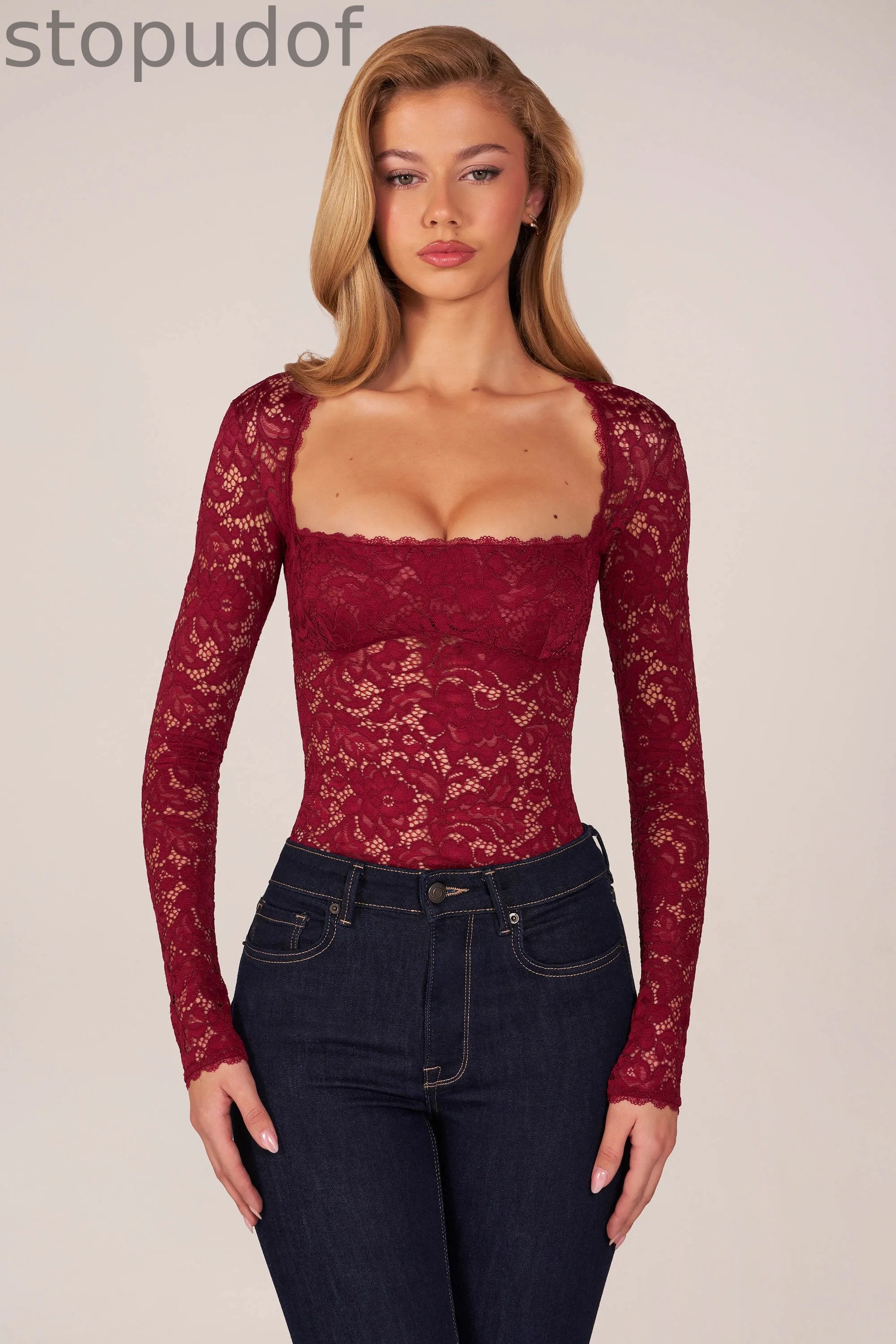 Long-Sleeve Laced Bodysuit in Wine