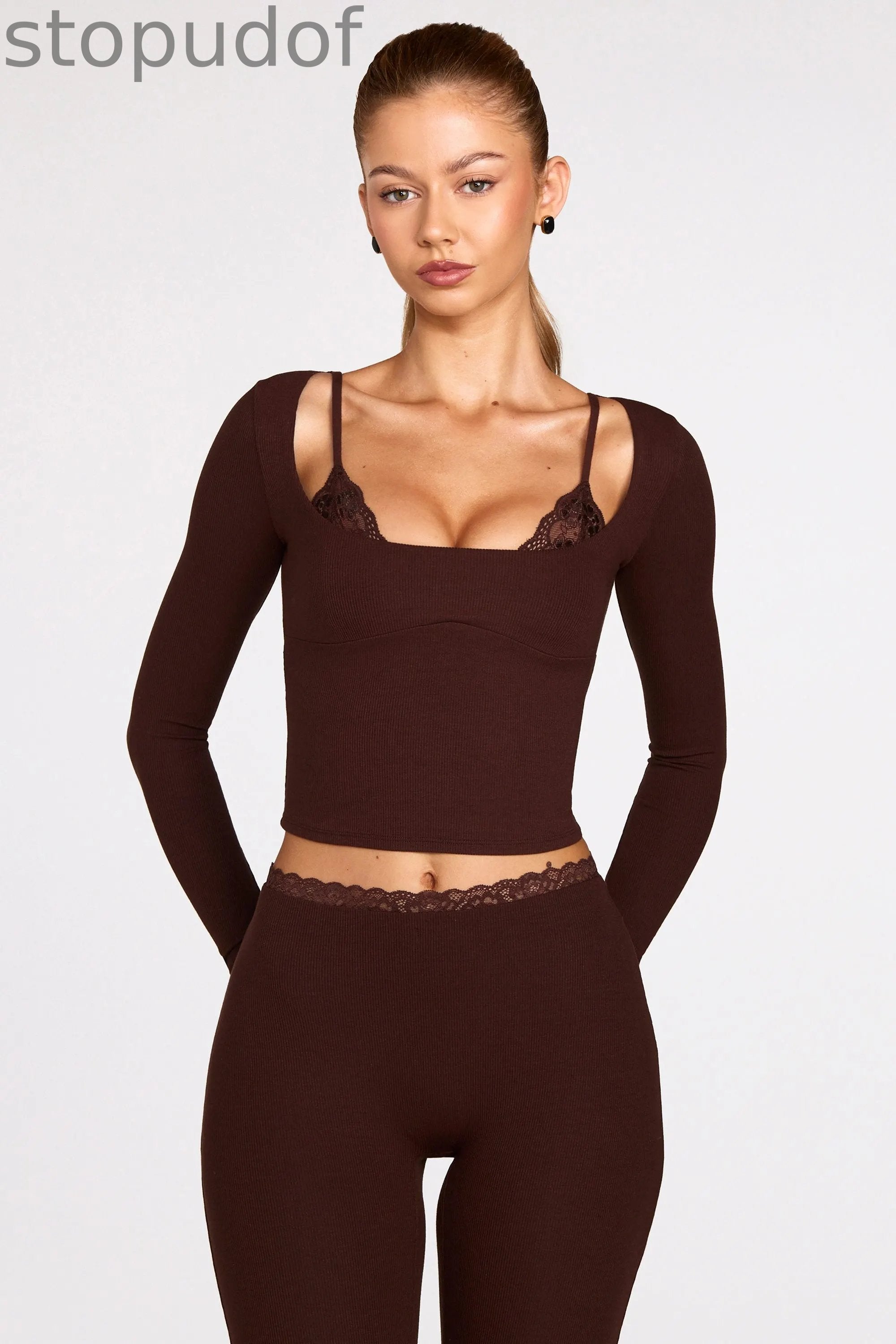 Ribbed Modal Long-Sleeve Laced Bra Top in Chocolate Brown