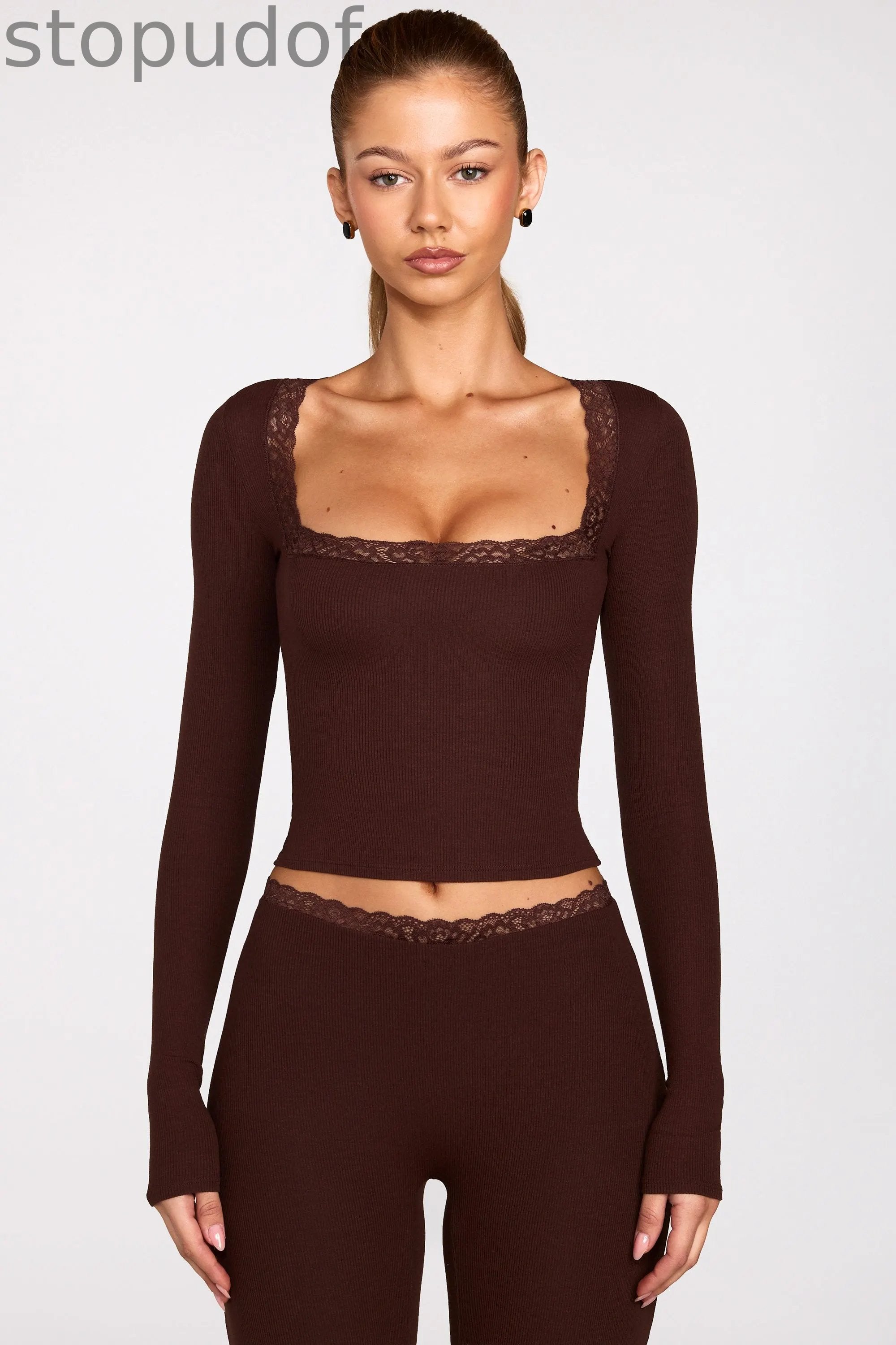 Ribbed Modal Square-Neck Long-Sleeve Top in Chocolate Brown