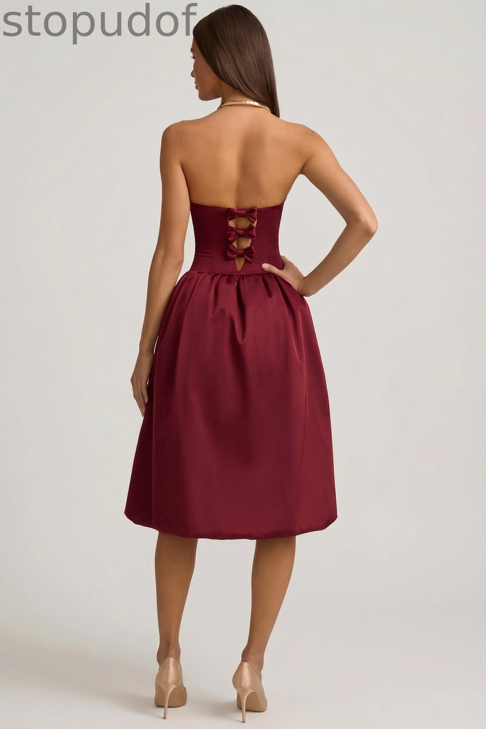 Convertible Bow-Detail Bubble Hem Midaxi Dress in Wine Red