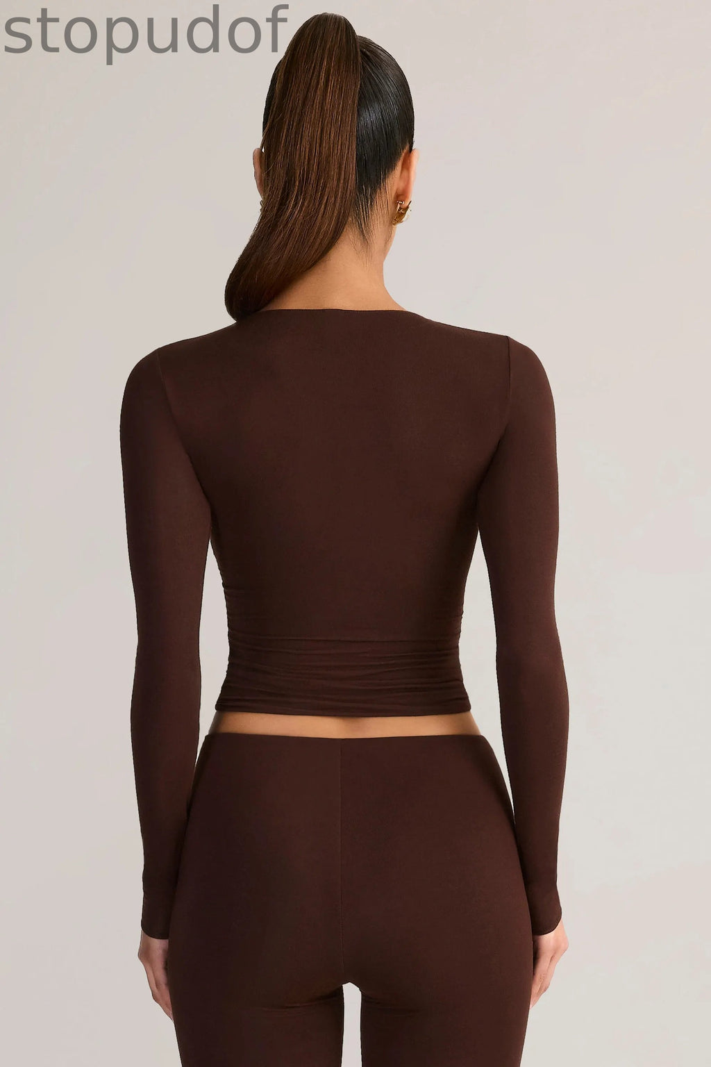 Modal Ruched Long-Sleeve Top in Chocolate Brown