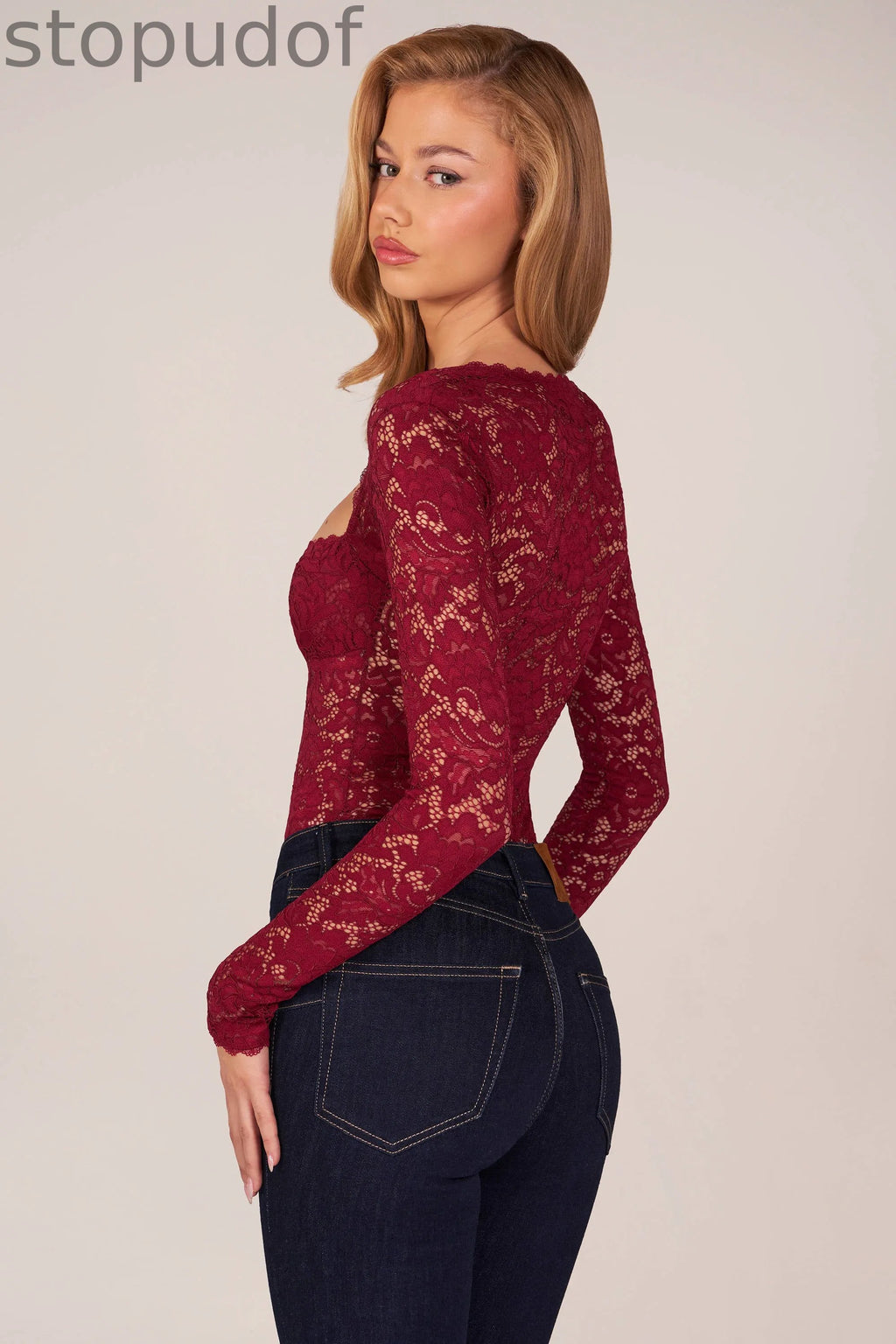 Long-Sleeve Laced Bodysuit in Wine