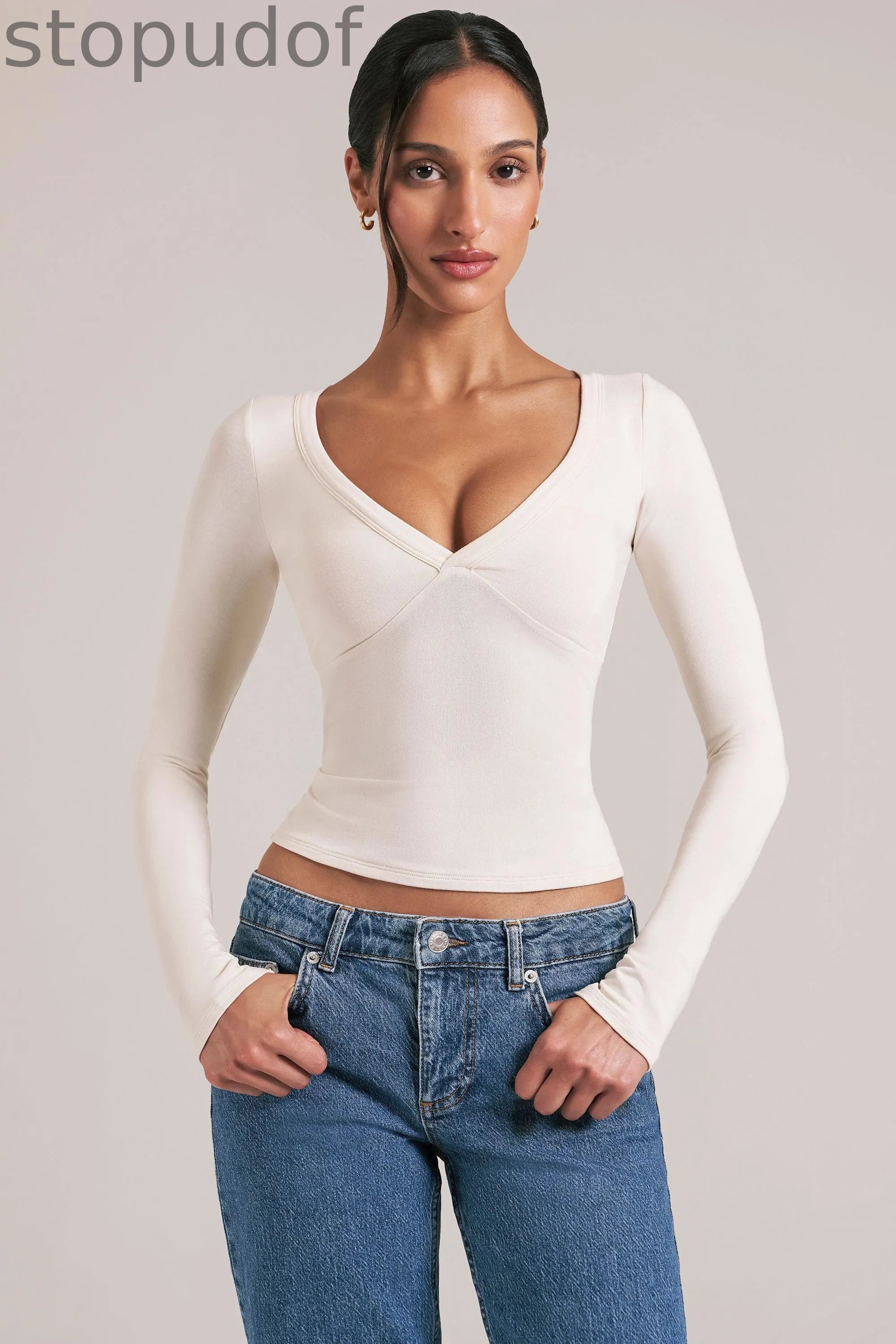 V-Neck Long-Sleeve Top  in Vanilla
