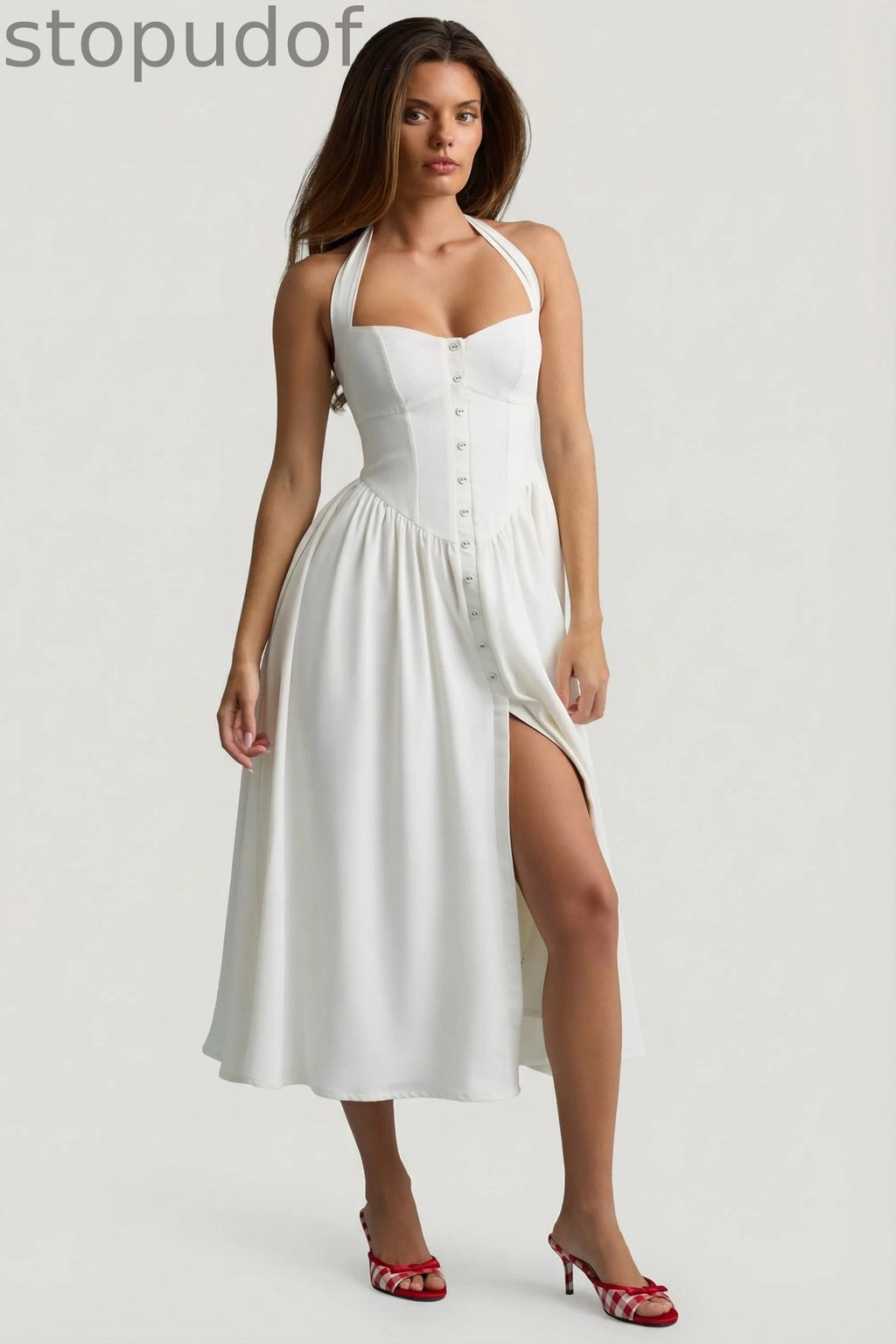 Button-Detail Halterneck Midaxi Dress in White