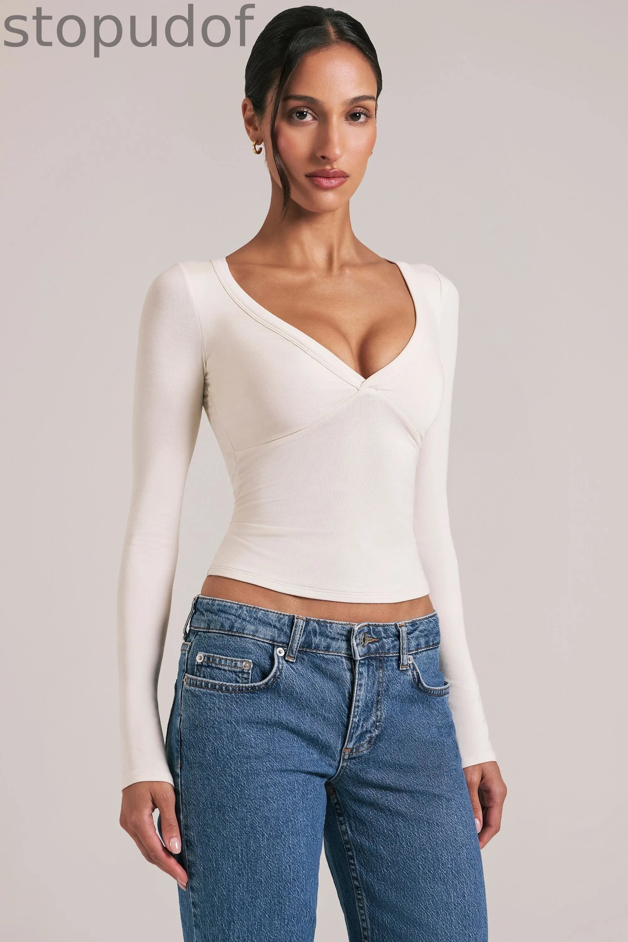 V-Neck Long-Sleeve Top  in Vanilla