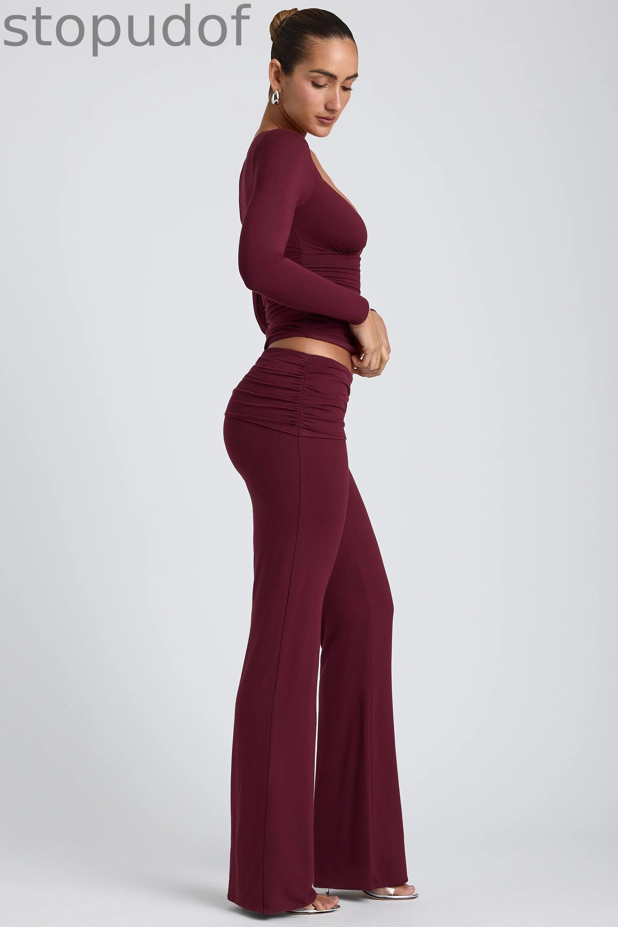 Modal Ruched Long-Sleeve Top in Plum