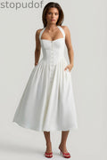 Button-Detail Halterneck Midaxi Dress in White