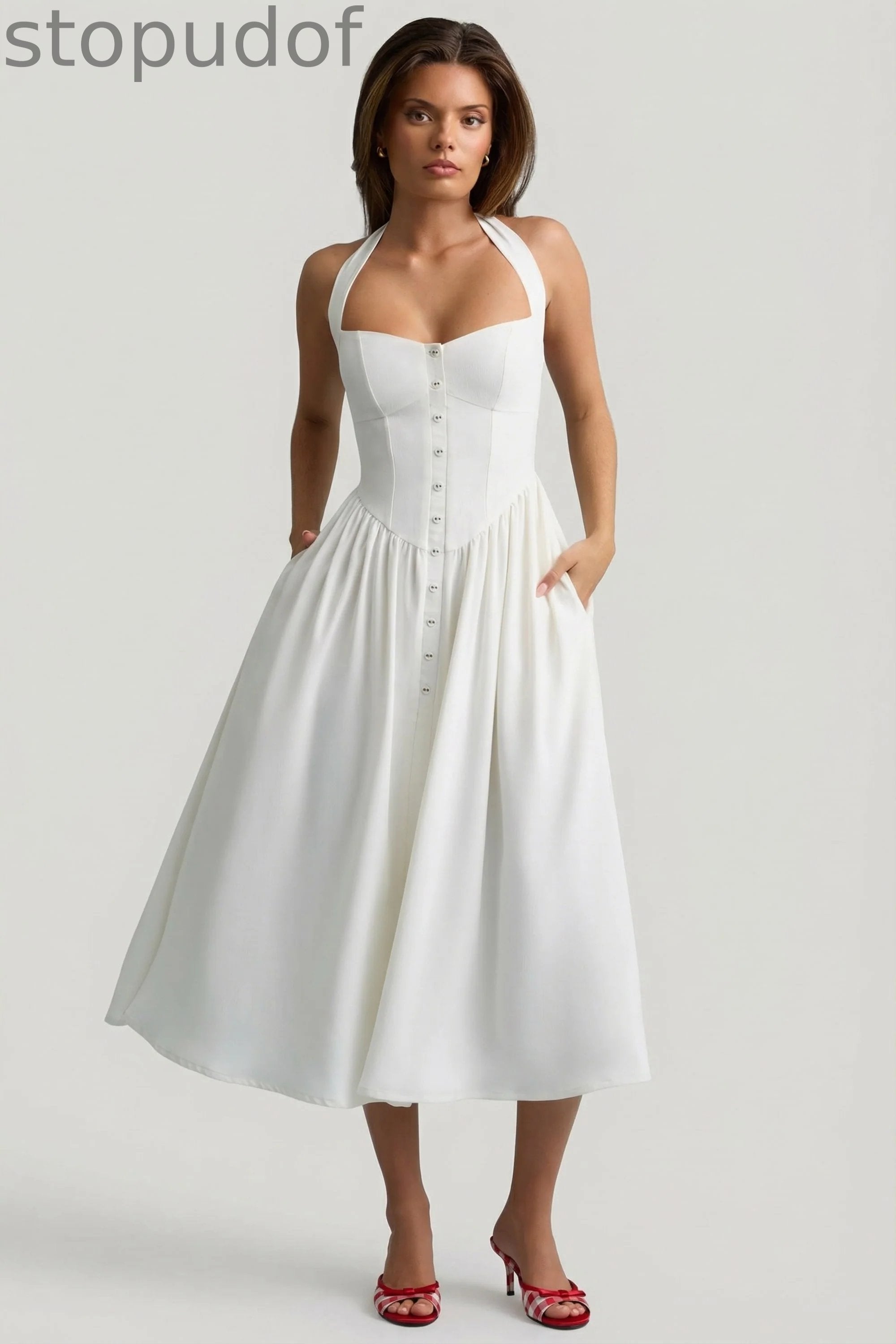 Button-Detail Halterneck Midaxi Dress in White