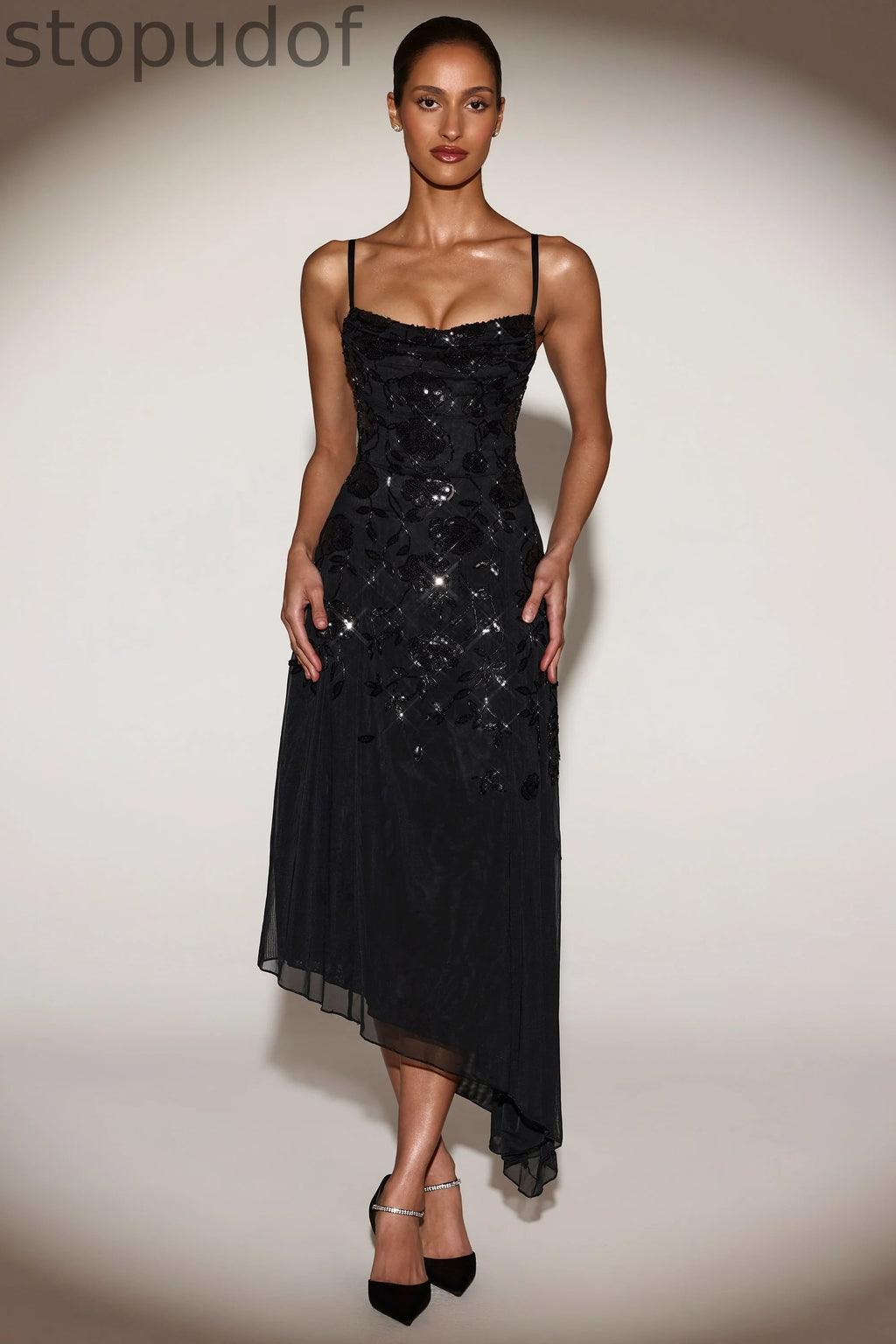 Embellished Soft-Scoop Asymmetric Midaxi Dress in Black