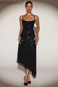 Embellished Soft-Scoop Asymmetric Midaxi Dress in Black