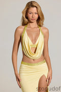 Embellished Deep Plunge Halterneck Top  in Lemon Yellow