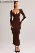Modal Peekaboo Long-Sleeve Midi Dress in Chocolate Brown