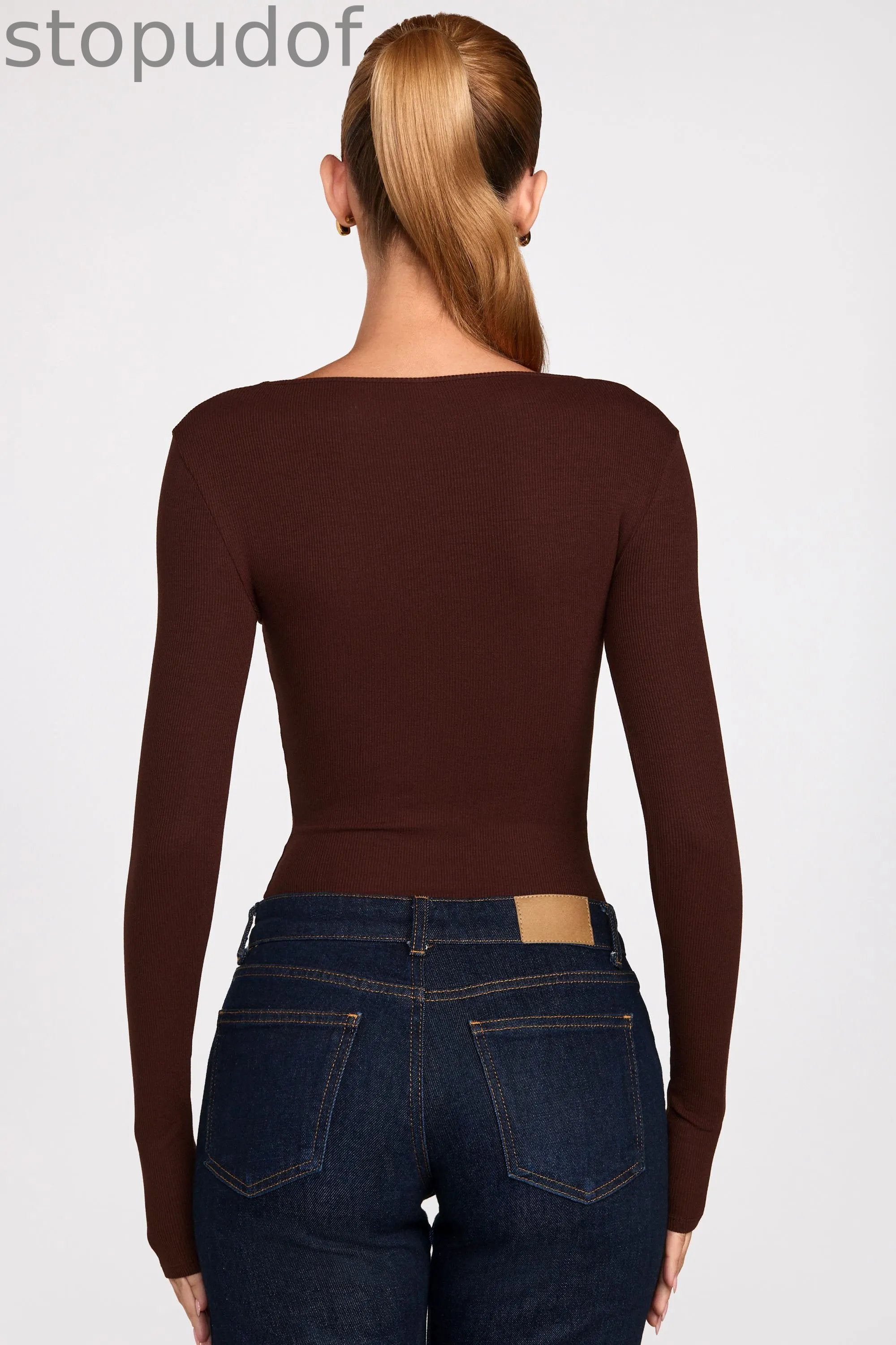 Ribbed Modal Ruched Long-Sleeve Top in Chocolate Brown