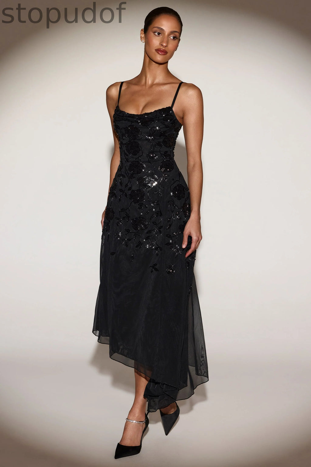 Embellished Soft-Scoop Asymmetric Midaxi Dress in Black