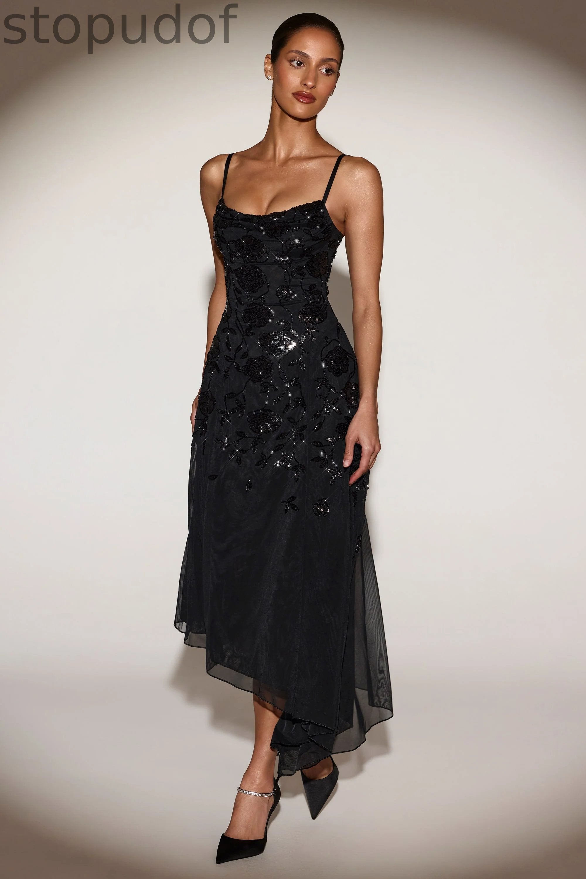 Embellished Soft-Scoop Asymmetric Midaxi Dress in Black