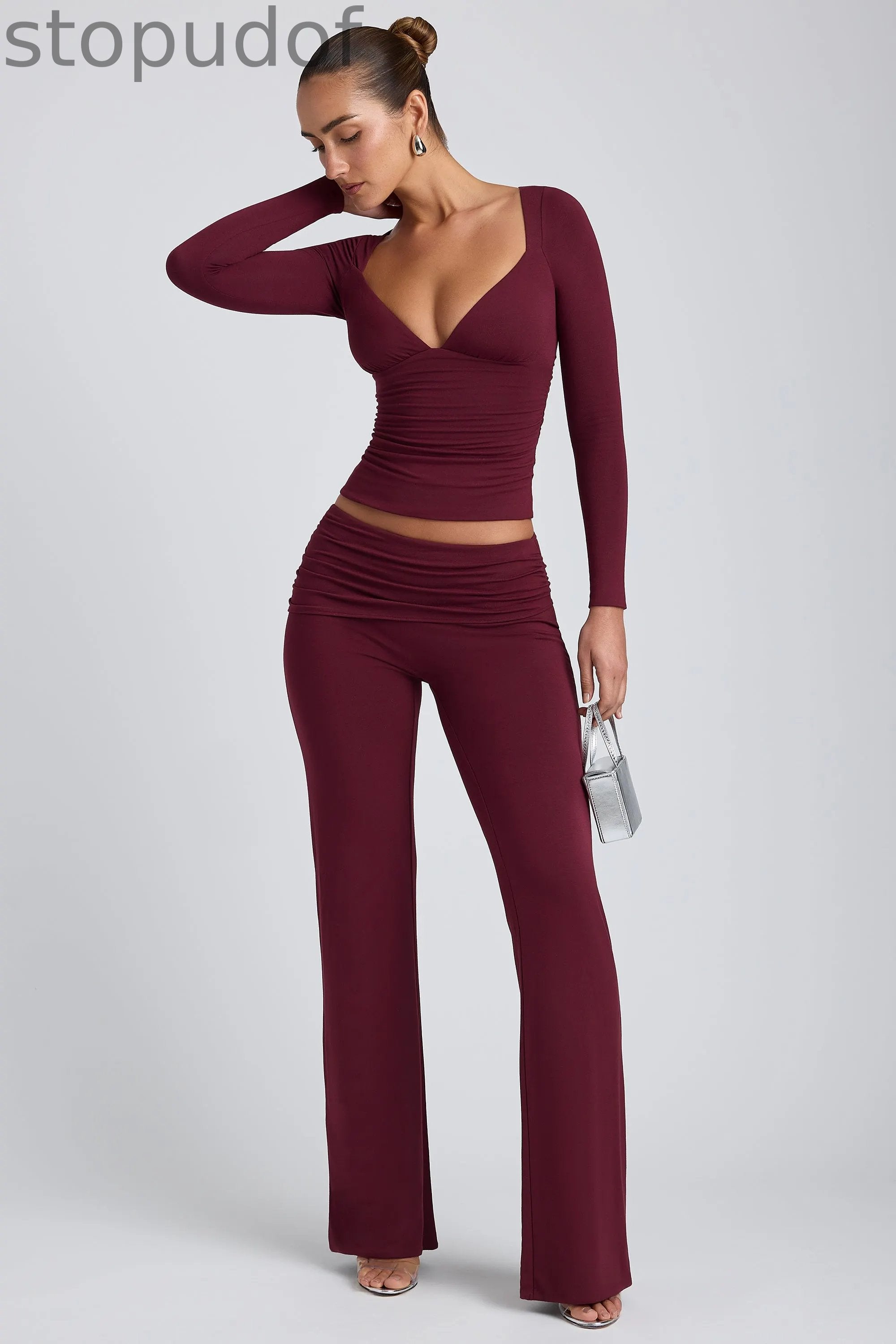 Modal Ruched Long-Sleeve Top in Plum
