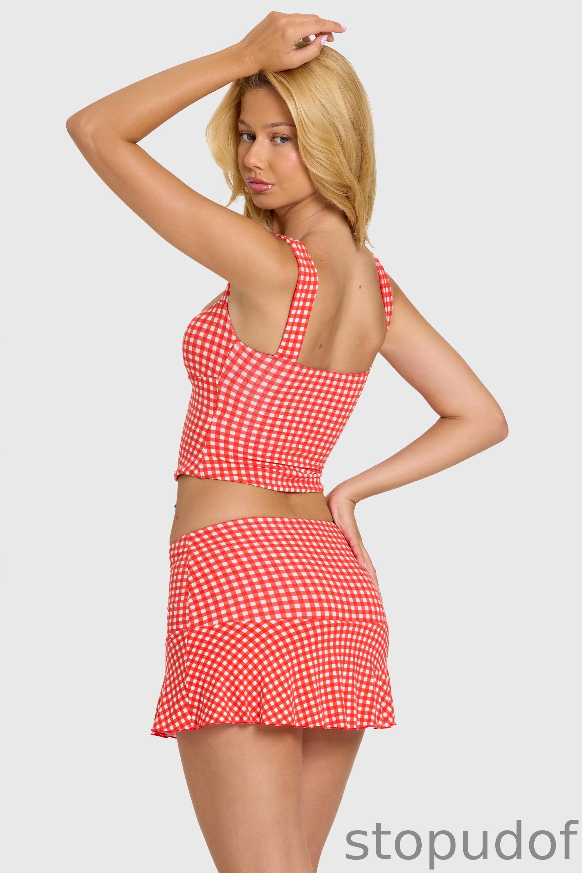 Modal Ruched Bust Top in Red Gingham