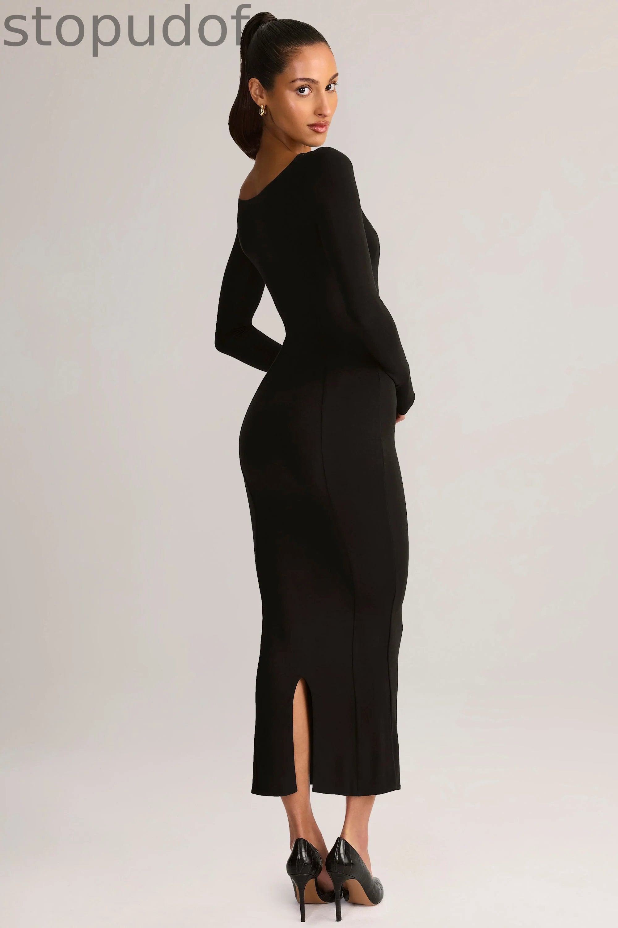 Modal Peekaboo Long-Sleeve Midi Dress in Black