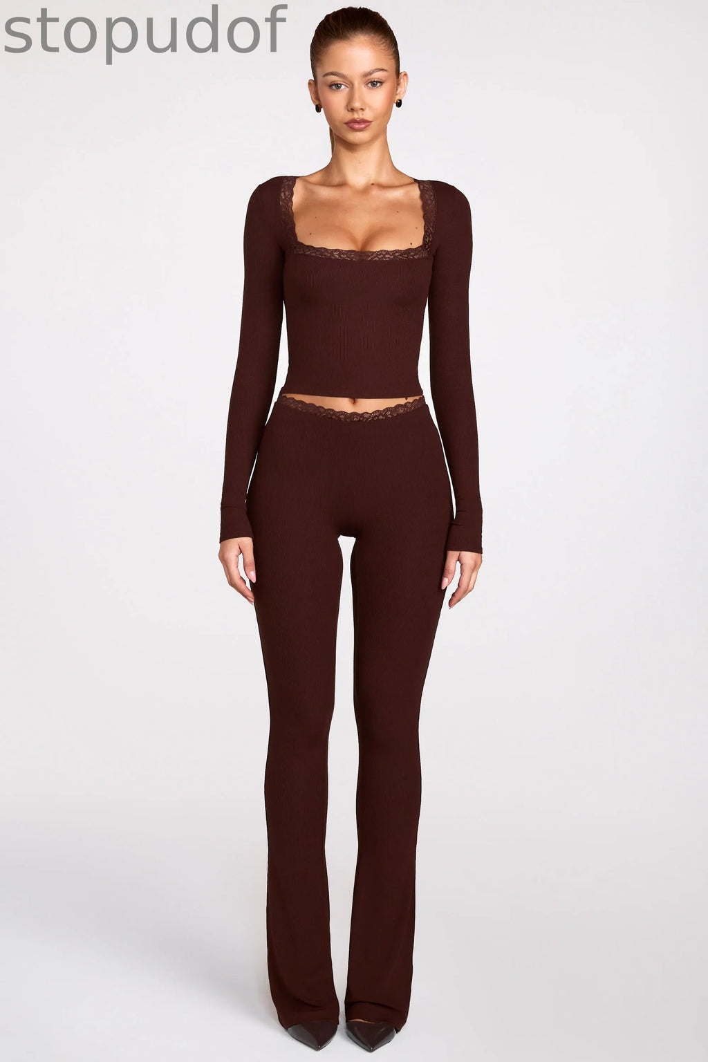 Ribbed Modal Square-Neck Long-Sleeve Top in Chocolate Brown