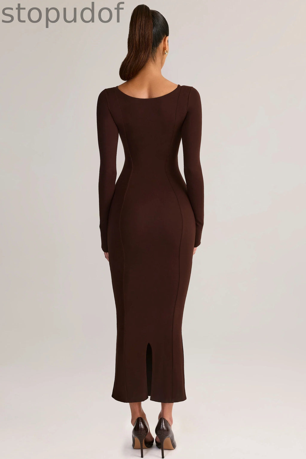 Modal Peekaboo Long-Sleeve Midi Dress in Chocolate Brown