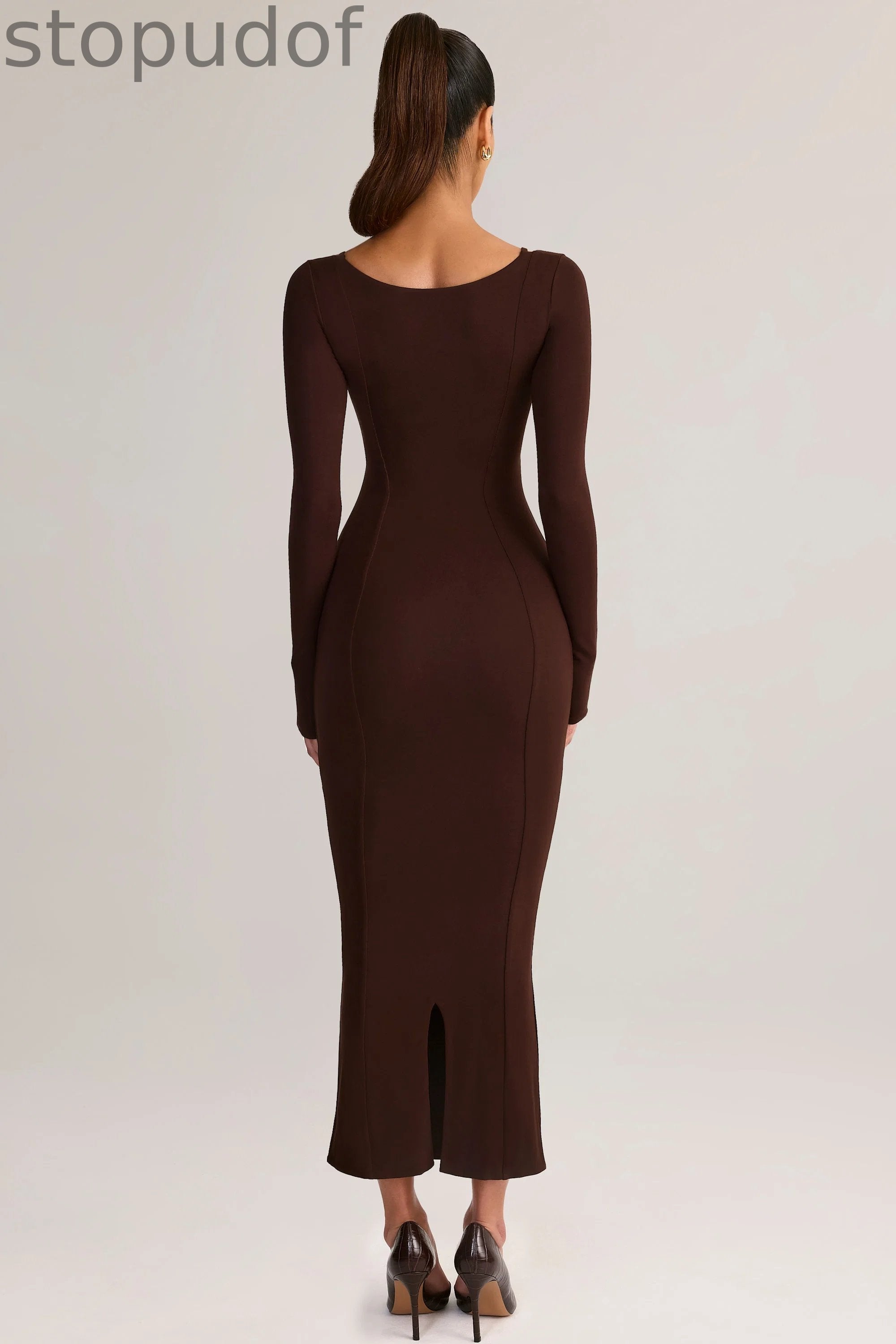 Modal Peekaboo Long-Sleeve Midi Dress in Chocolate Brown