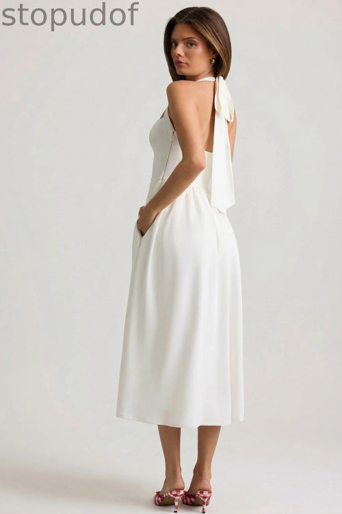 Button-Detail Halterneck Midaxi Dress in White