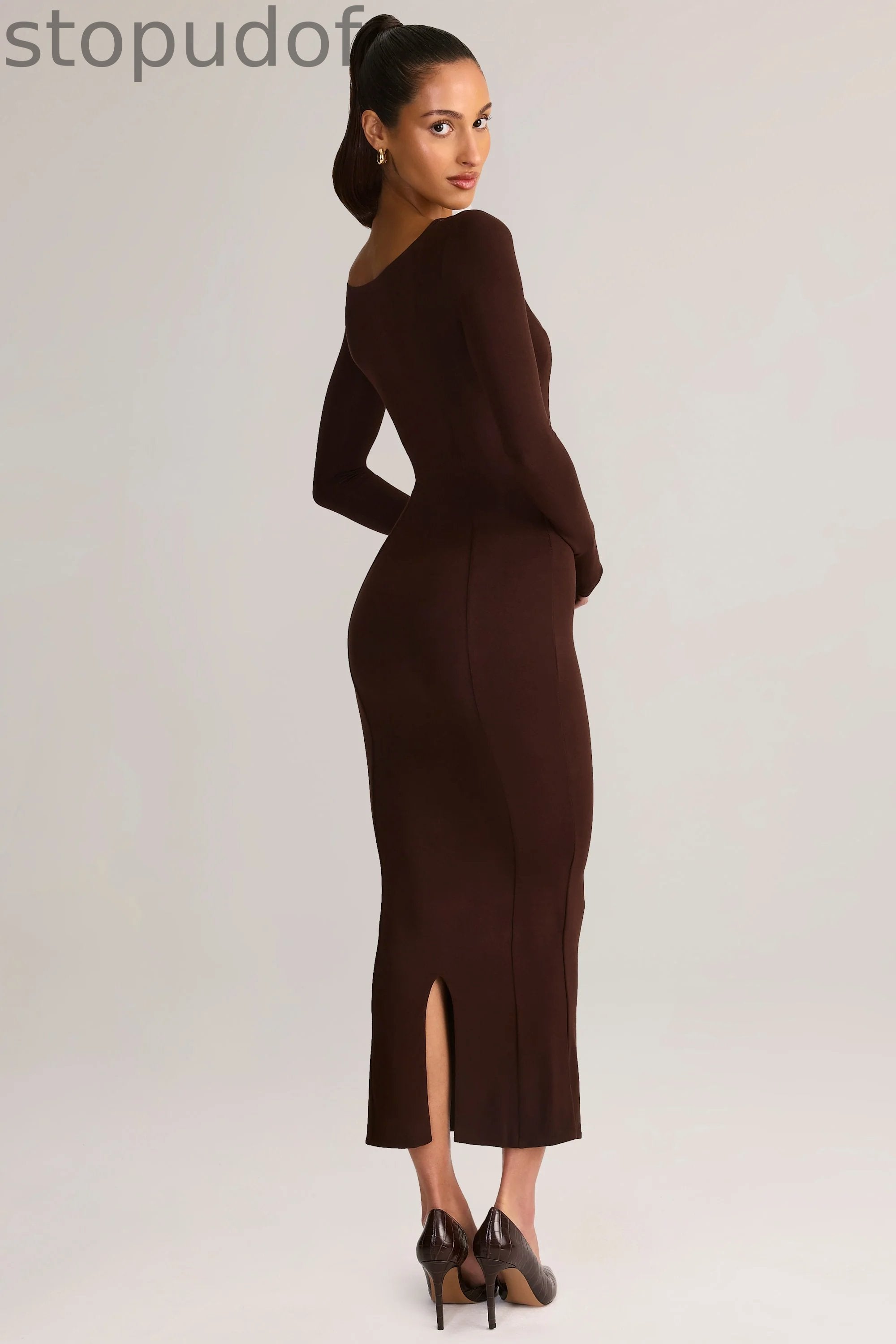 Modal Peekaboo Long-Sleeve Midi Dress in Chocolate Brown