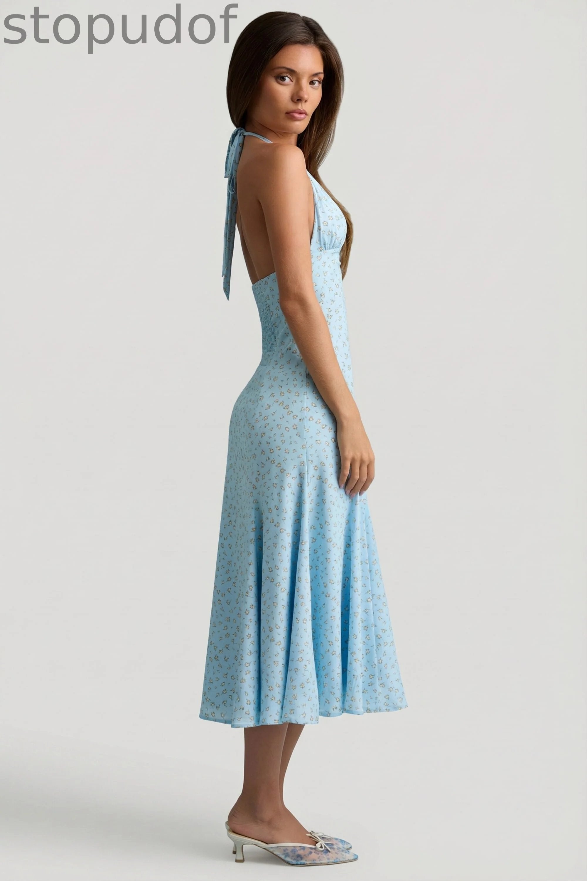 Halterneck Midaxi Dress in Blue Flower Print