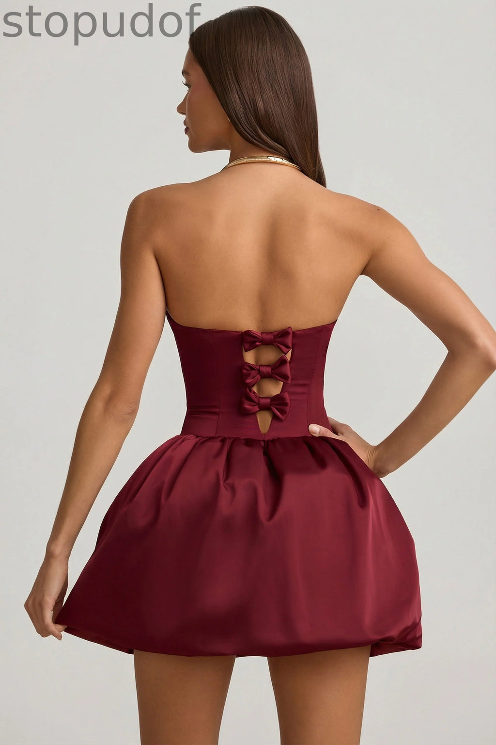 Convertible Bow-Detail Bubble Hem Midaxi Dress in Wine Red