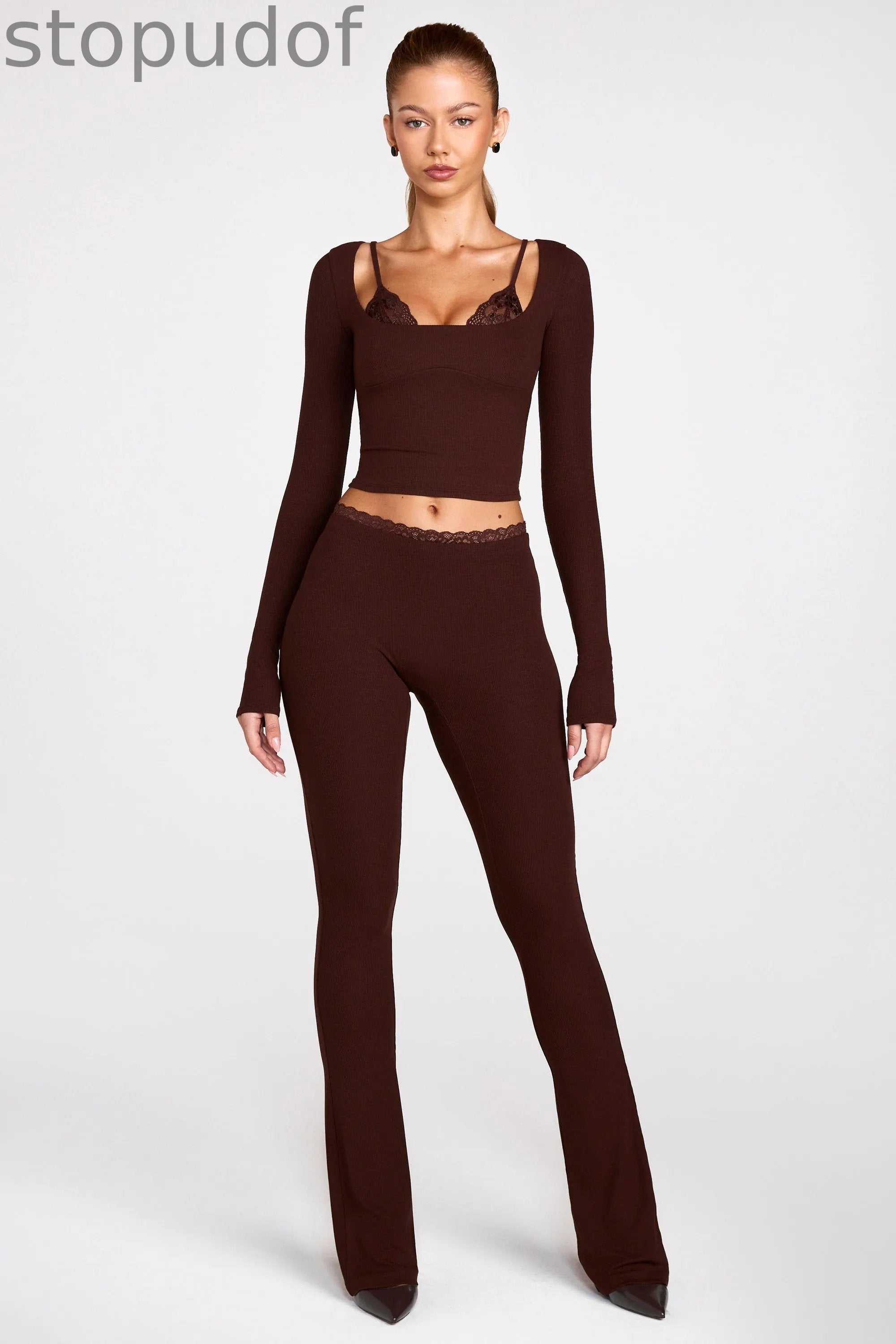 Modal Mid-Rise Flared Trousers in Chocolate Brown