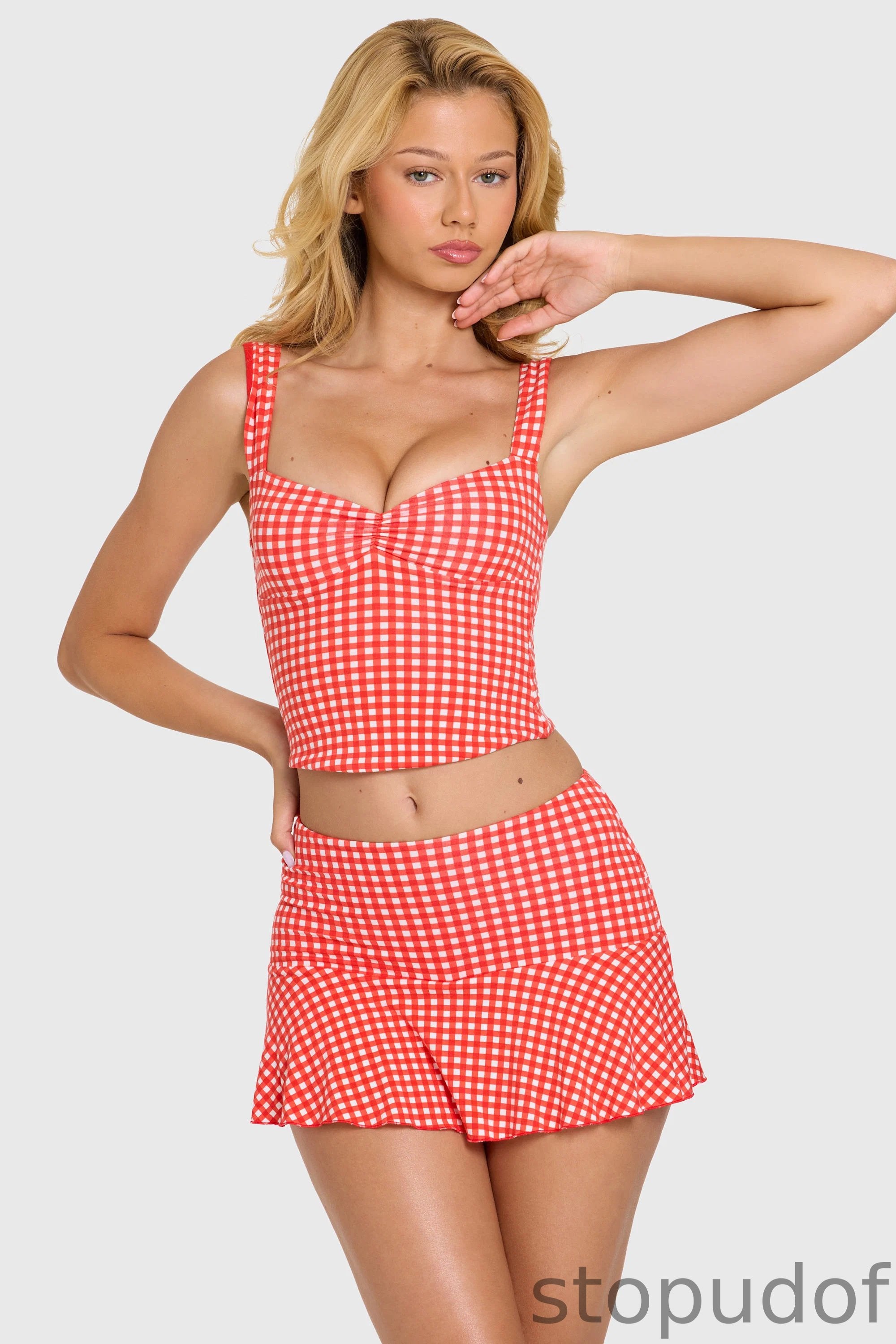 Modal Ruched Bust Top in Red Gingham