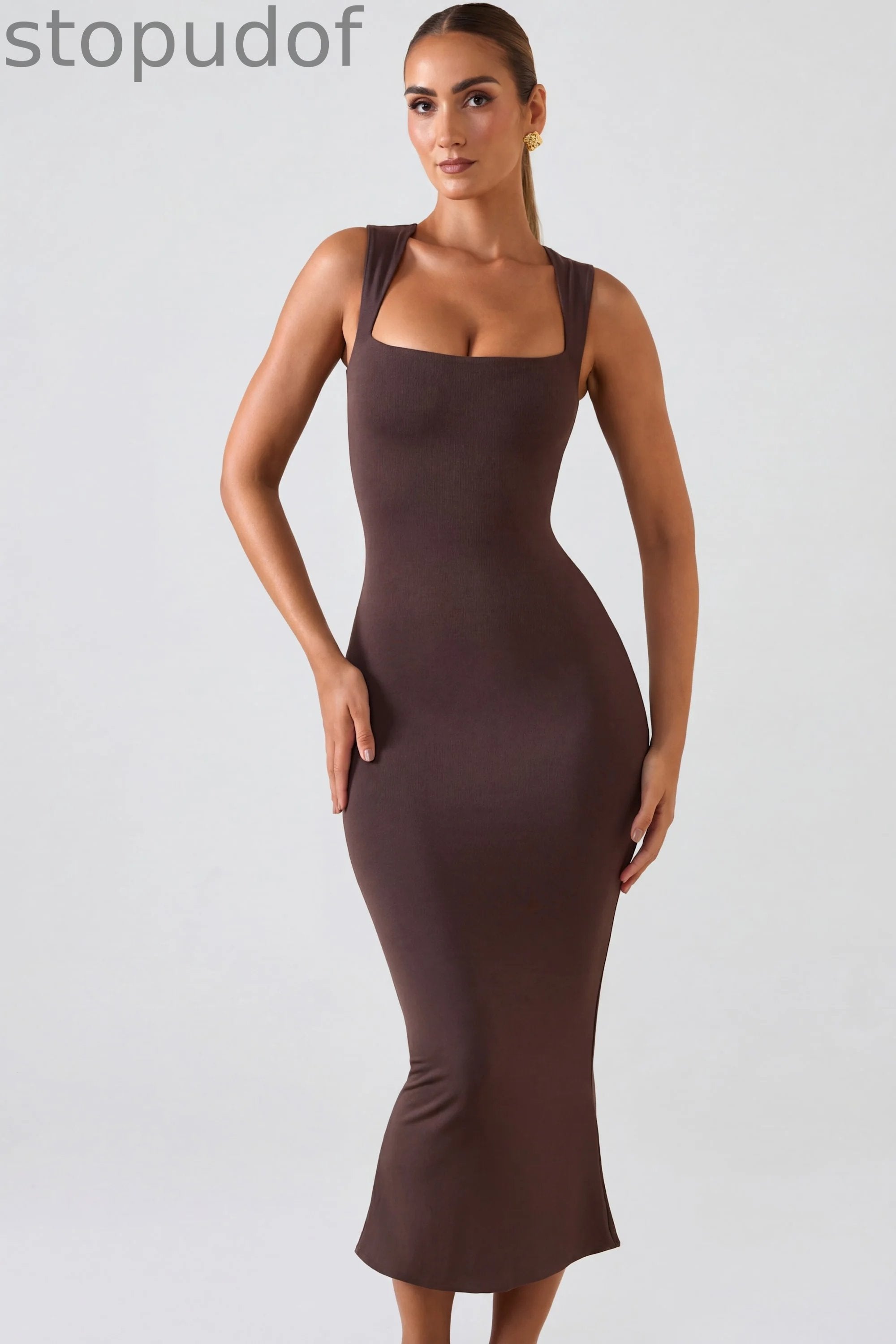 Square Neck Midi Dress in Chocolate Brown