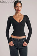 V-Neck Long-Sleeve Top  in Black