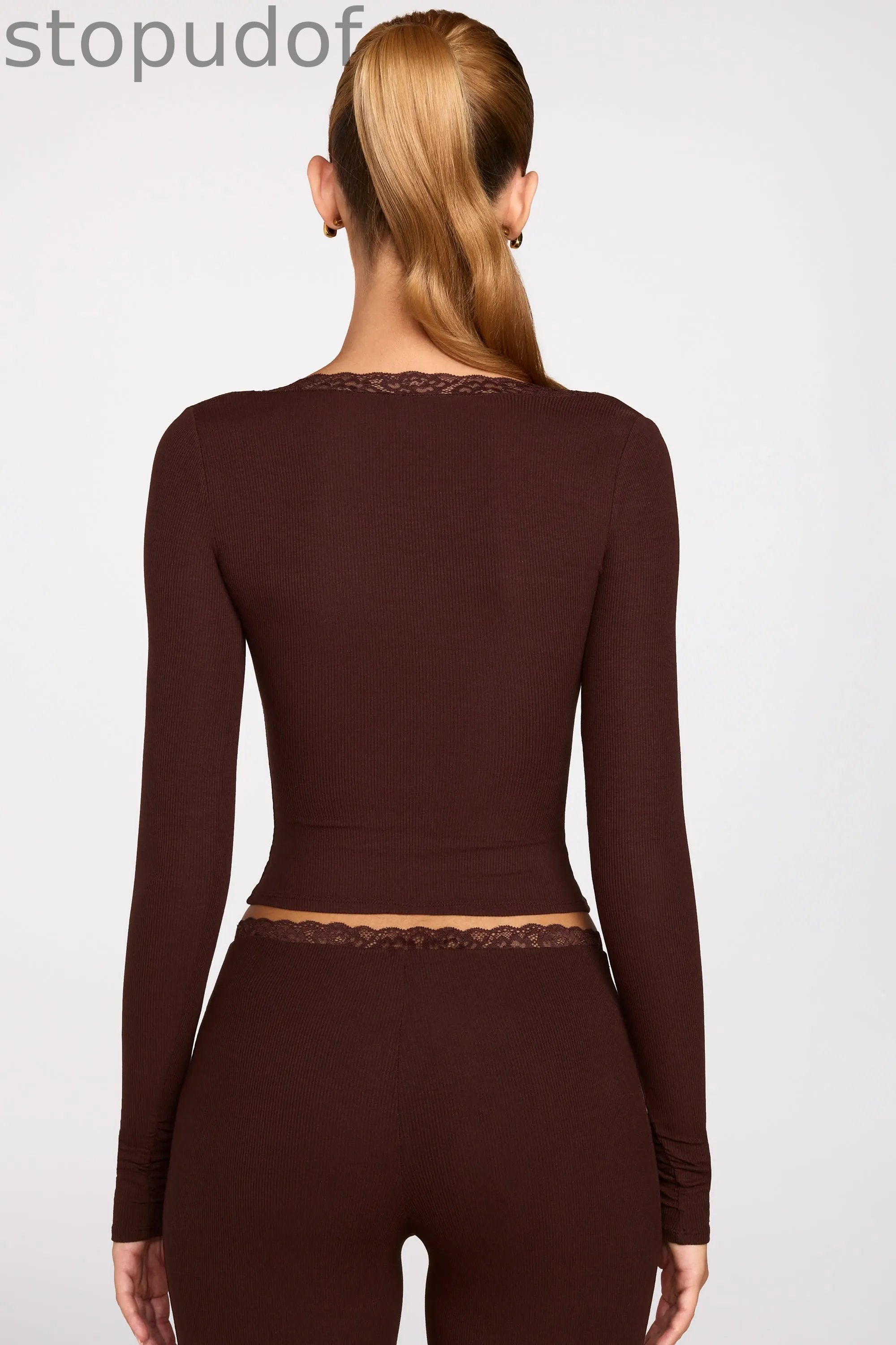 Ribbed Modal Square-Neck Long-Sleeve Top in Chocolate Brown