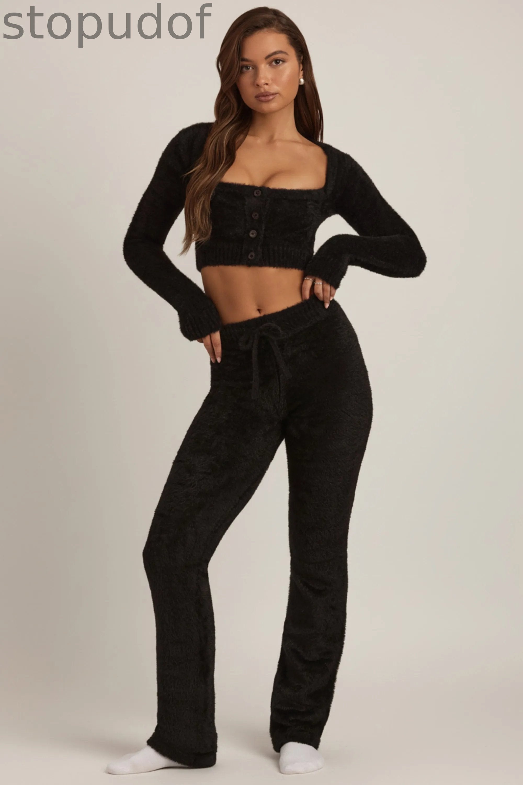 Fluffy Knit Wide-Leg Trousers in Black